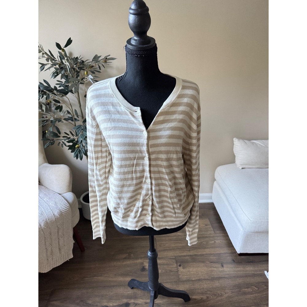 HM Womens Beige Cream Striped Button Front Crew Neck Cardigan Sweater Size L